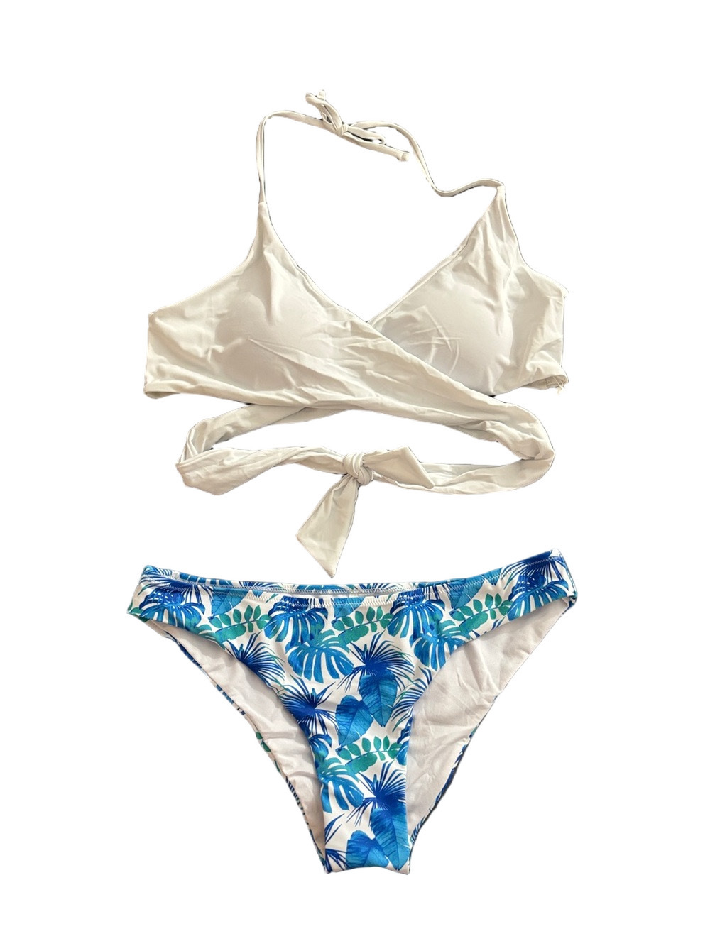 SHEKINI XL White Wrap Bikini Set Blue Tropical Leaf Halter NWT